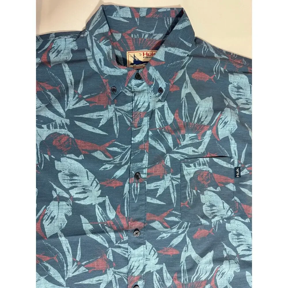Huk Blue Red Palm Floral Marlin Stretch Button Up Shirt 2XL